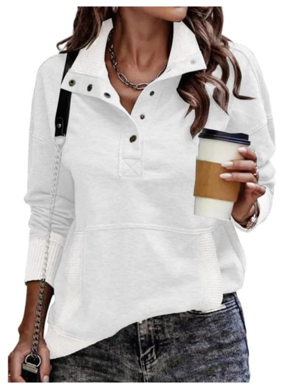 Women's Casual Long Sleeve Stand Neck Button Drawstring Sweatshirt